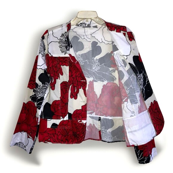 CHICO'S sz L / sz 2 Red White Black Khaki Floral Cotton Stretch Tunic Top Jacket - Picture 3 of 5